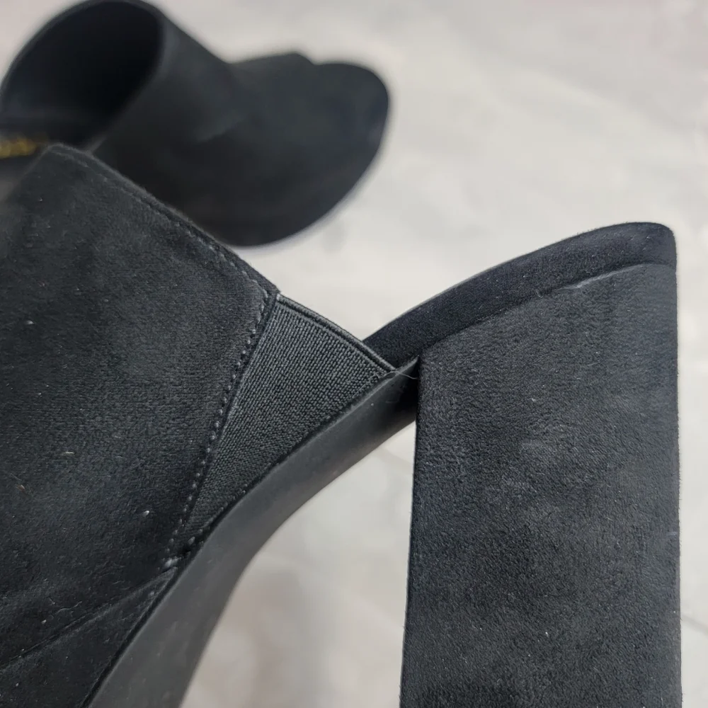 Lulu's Chandra Black Vegan Suede Block Heels Platform Open Toe Slides Mules 8.5‎